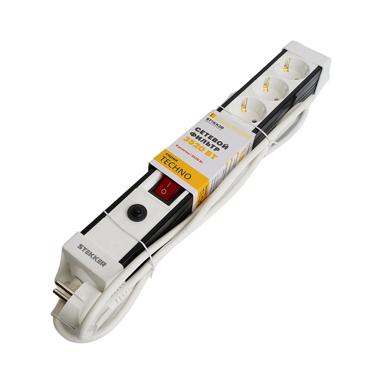 Колодки и удлинители, тройники Сетевой фильтр 4-местный с/з STEKKER HM22-41-02 18 м Techno белый 50147 