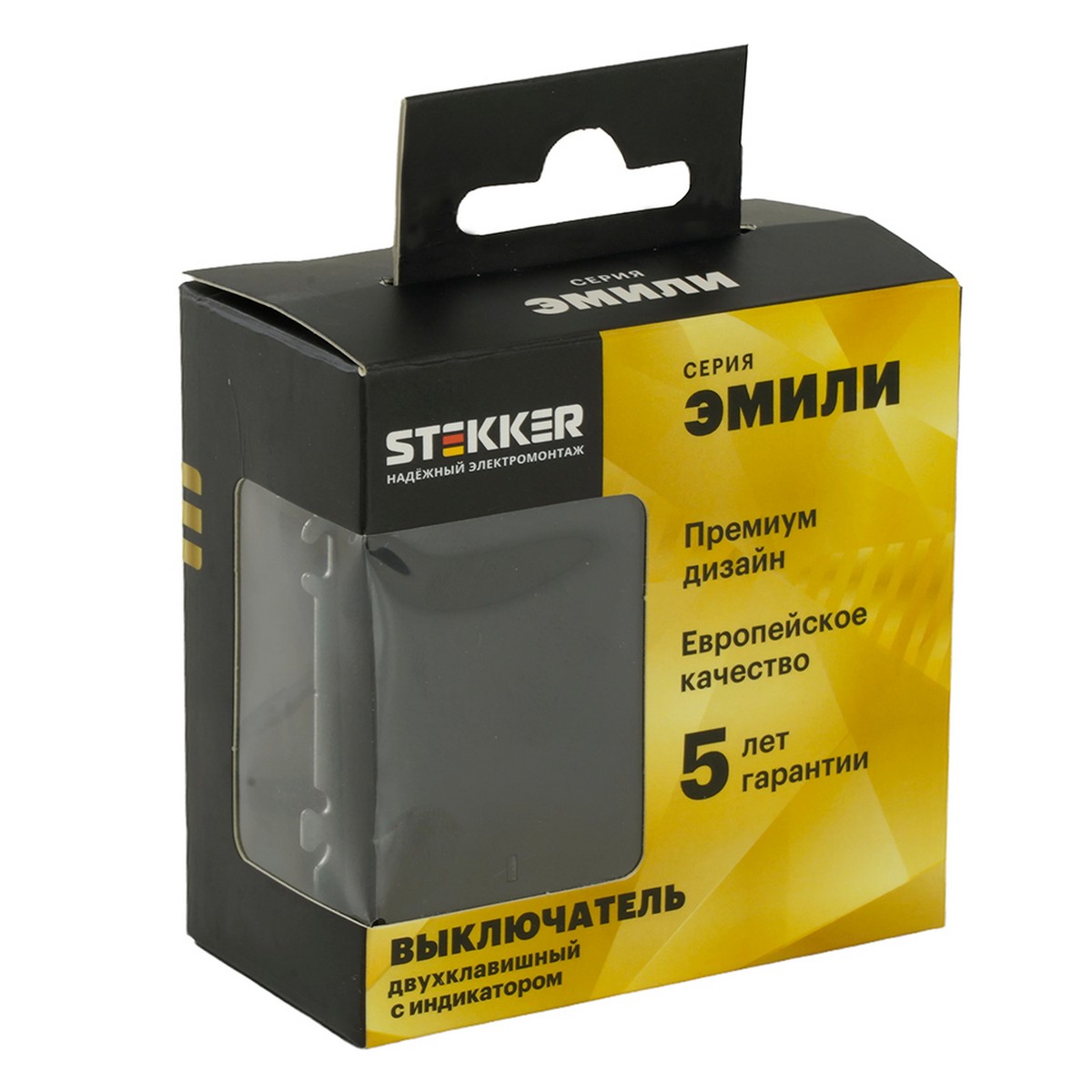 Эмили - Розетки и выключатели Stekker Выключатель 2-клавишный c индикатором STEKKER Эмили RSW10-5102-05 черный уголь soft touch 49838