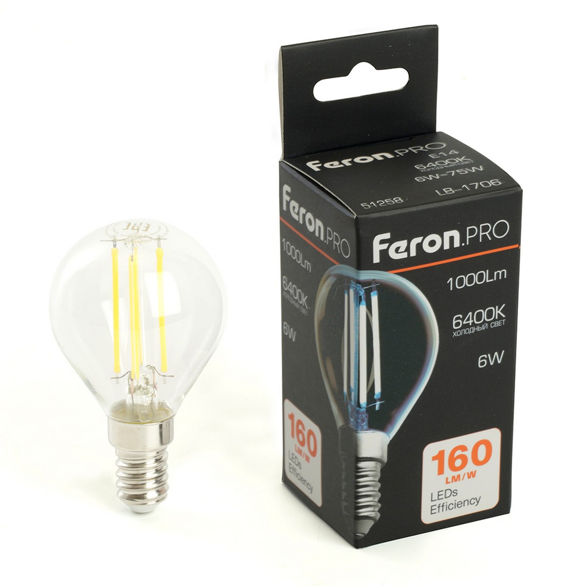 E14 Лампа светодиодная Feron.PRO LB-1706 Шарик E14 6W 175-265V 6400K 51258 
