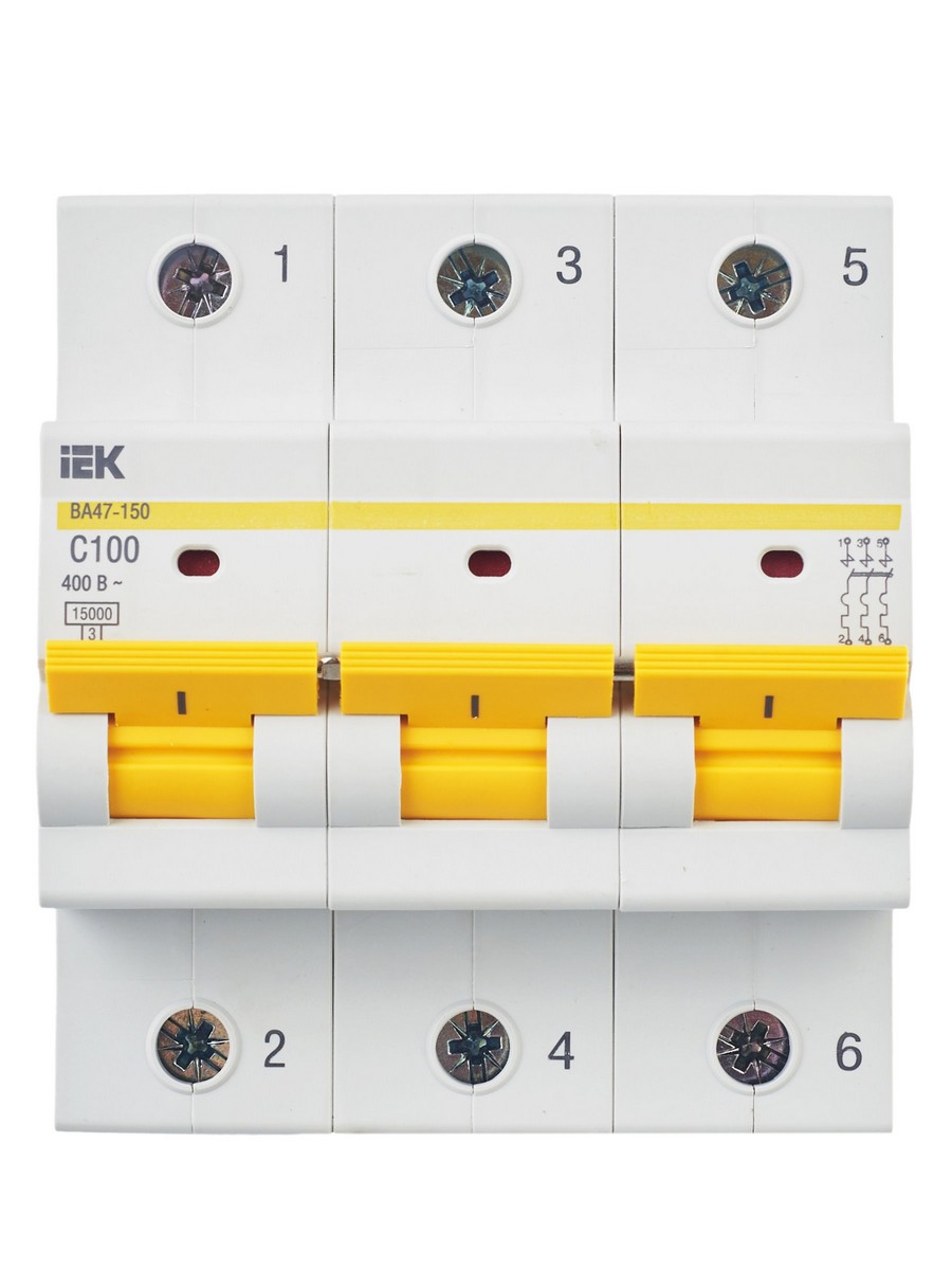 3 полюсные (трехполюсные) Автоматический выключатель IEK KARAT ВА47-150 3Р 100А 15кА х-ка C MVA50-3-100-C 