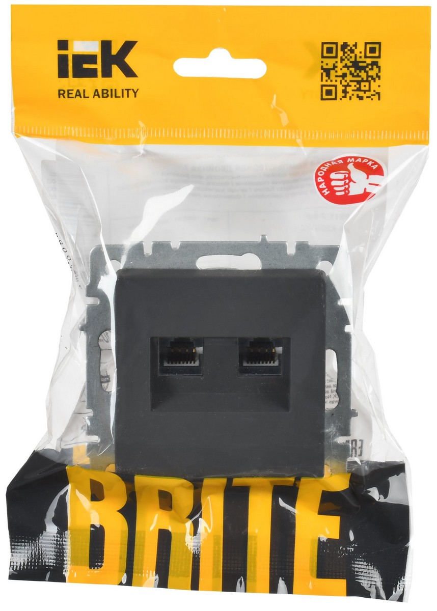 IEK Brite Графит Розетка компьютерная IEK BRITE BASE Графит 2-ая RJ45 кат.6 РК11-2-БрГ BR-K20-2-K53