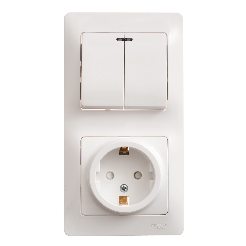 Glossa Белый Блок:Glossa Белый розетка с заземлением со шторками и 2-кл. выключатель с подсве GSL000175