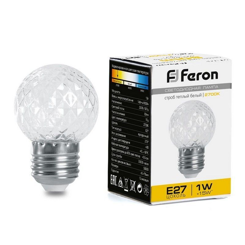 E27 Лампа-строб Feron LB-377 Шарик прозрачный E27 1W 2700K 38208 