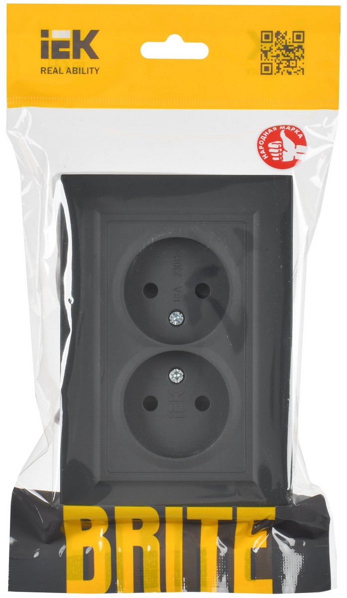 IEK Brite Графит Розетка IEK BRITE Графит 2-я без з/к с з/ш 10А в сб. РСш12-2-БрГ BR-R23-10-K53-F