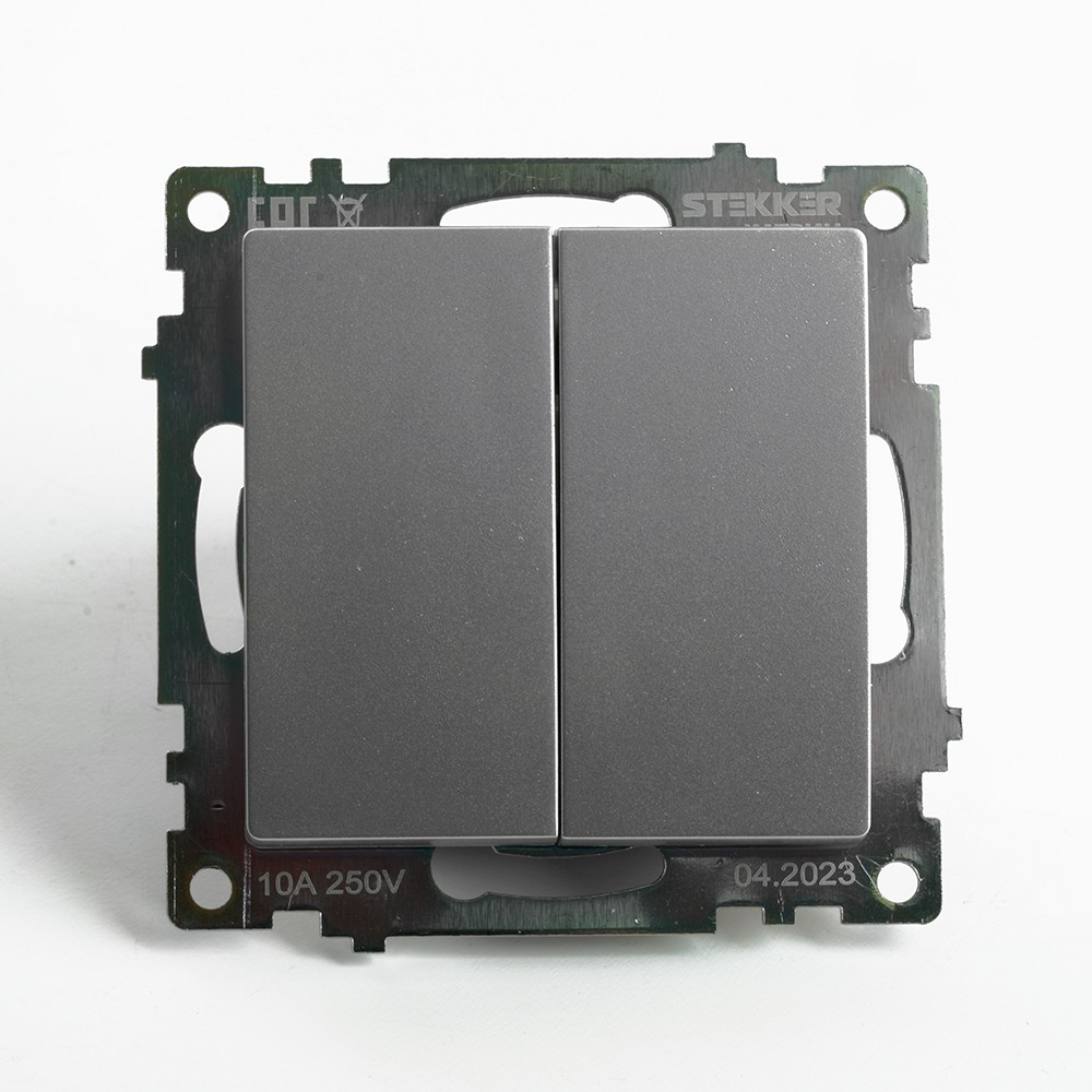 Катрин - Розетки и выключатели Stekker Переключатель 2-клавишный (механизм) STEKKER GLS10-7107-03 250V 10А Катрин серебро 49168