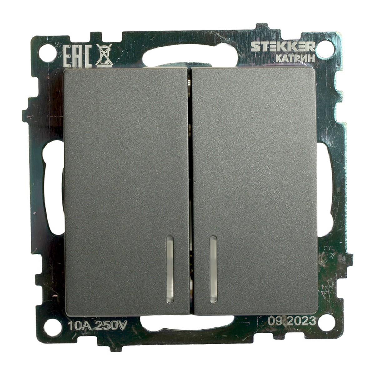 Катрин - Розетки и выключатели Stekker Выключатель 2-клавишный c индикатором STEKKER GLS10-7102-06 10А Катрин графит 49409