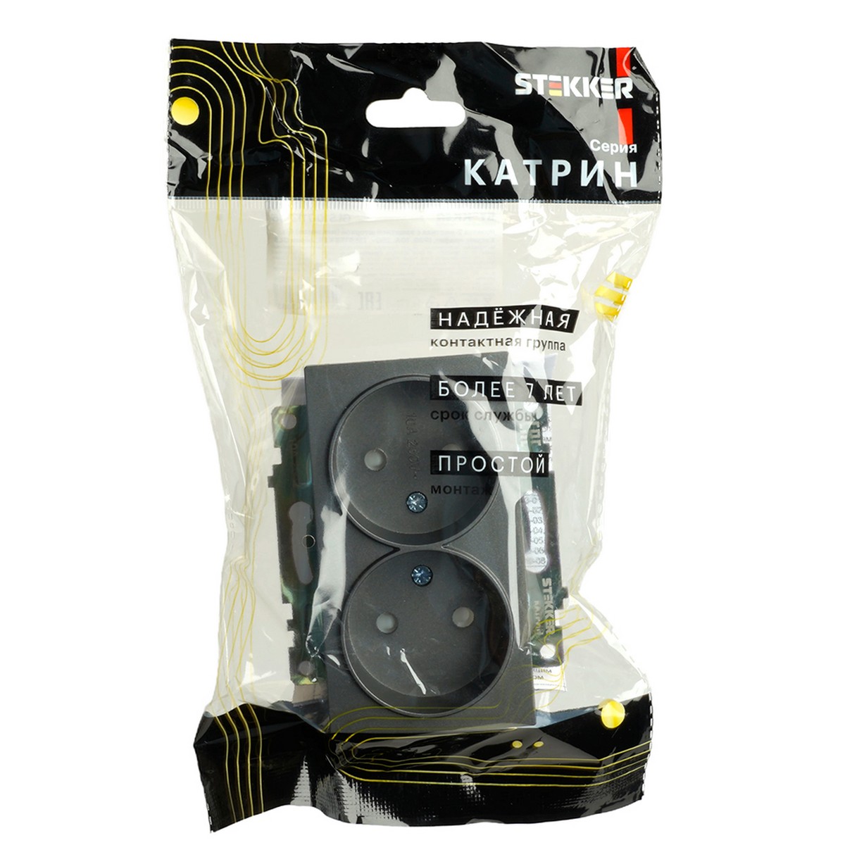 Катрин - Розетки и выключатели Stekker Розетка 2-местная б/з STEKKER GLS10-7113-06 250V 10А с защ. шторкой Катрин графит 49421