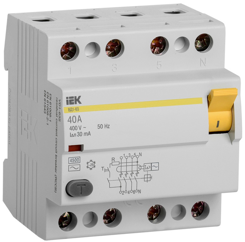 IEK Выключатель дифференциальный IEK KARAT ВД1-63 (УЗО) 4Р 40А 30мА MDV10-4-040-030 