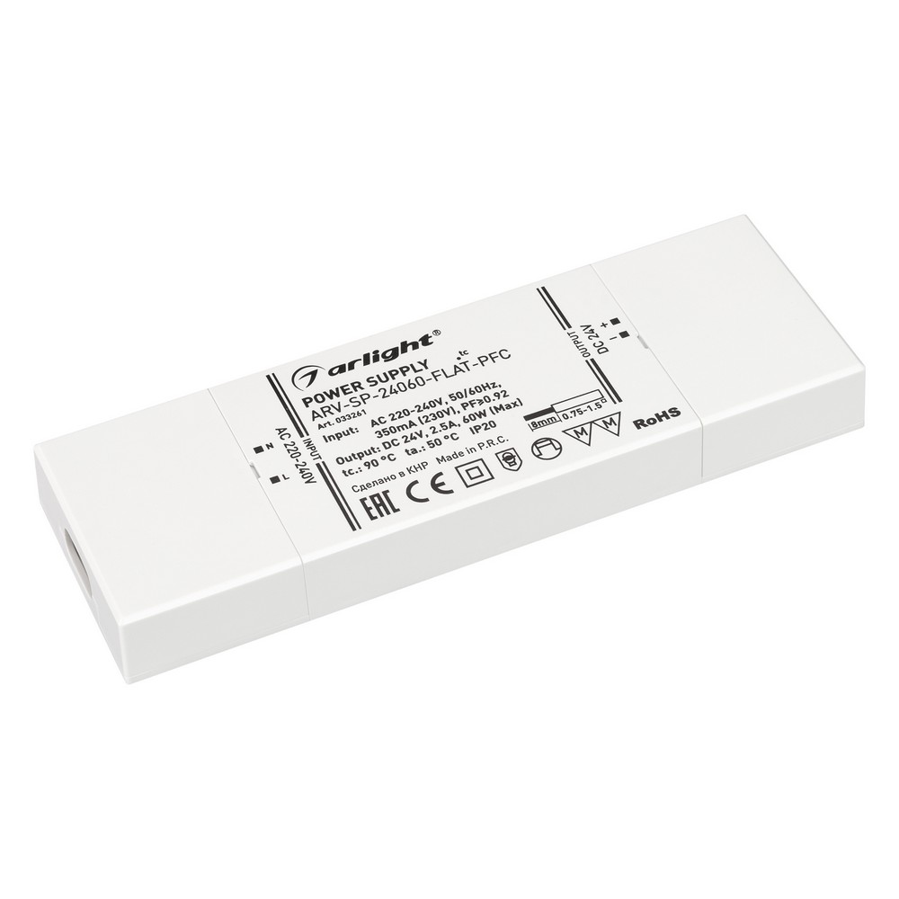 Блоки питания для светодиодной ленты Блок питания Arlight ARV-SP-24060-FLAT-PFC (24V, 2.5A, 60W) (IP20 Пластик, ) 033261 
