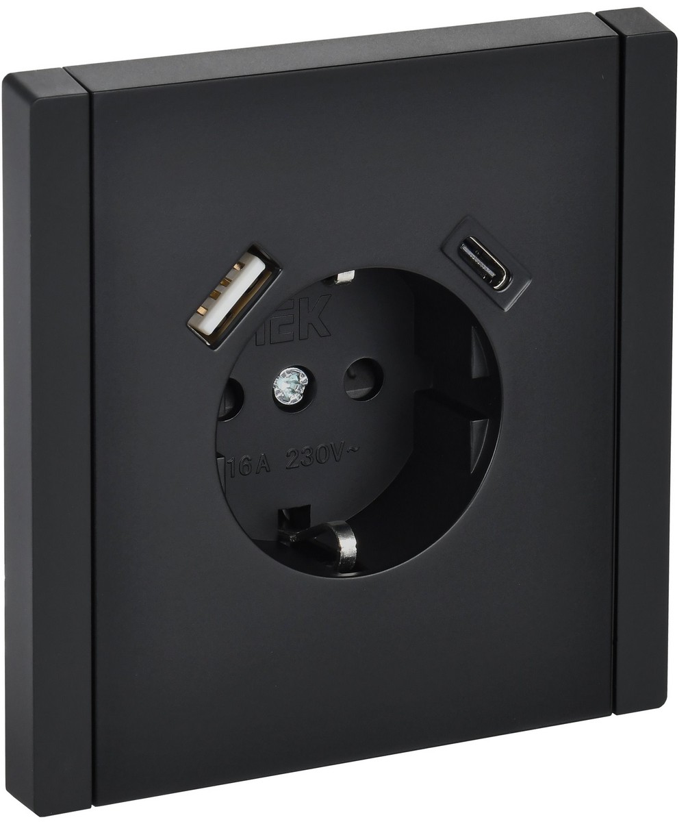 IEK FORTE&PIANO Черный Розетка IEK FORTE&PIANO Черный с/з со шт винтовое крепление 16А USB A+C 18Вт FP147