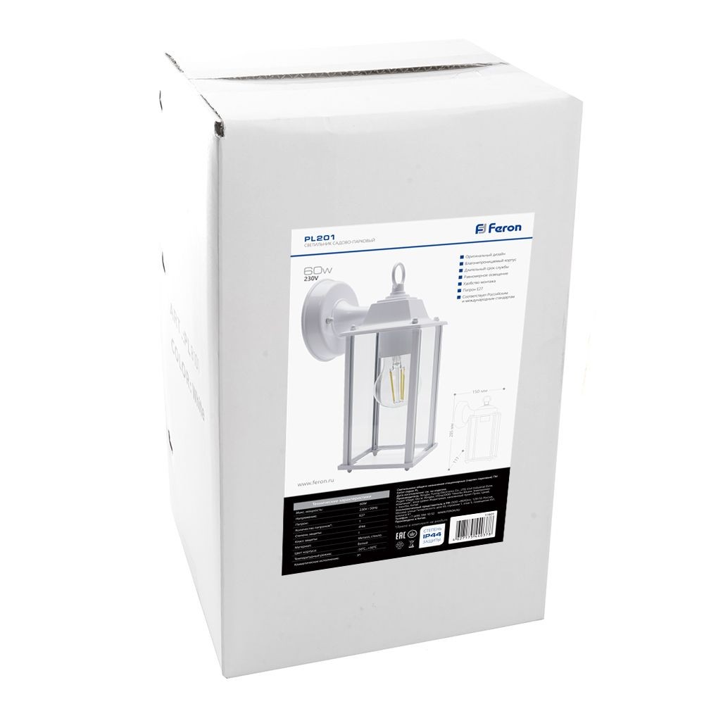 Уличные настенные светильники Светильник садово-парковый Feron PL201 на стену вниз 60W E27 230V белый 11601 