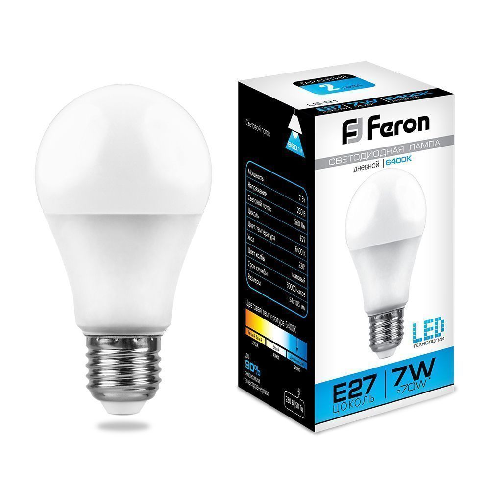 E27 Лампа светодиодная Feron LB-91 E27 7W 6400K 230V 25446 