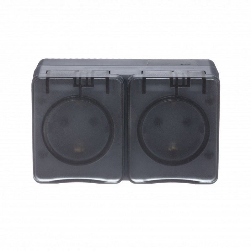 AtlasDesign Карбон Розетка Systeme Electric AtlasDesign Profi54 наружная Антрацит 2-ая с/з со шторками 16А ATN544026