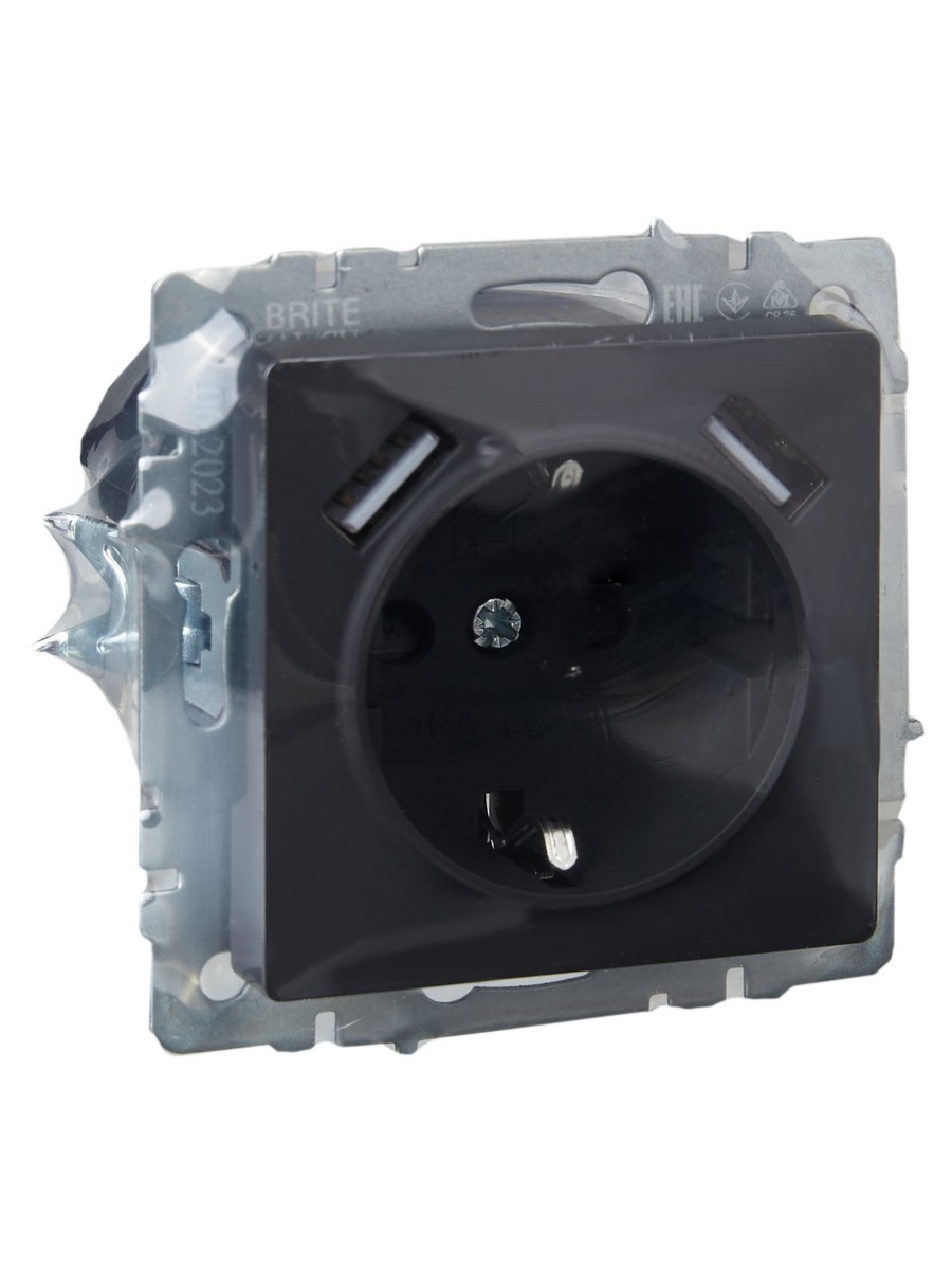 IEK Brite Графит Розетка IEK BRITE с с/з и шторками 16А с USB A+A 3,1А РЮш10-2-БрГ графит BR-R14-16-U21-D31-K53