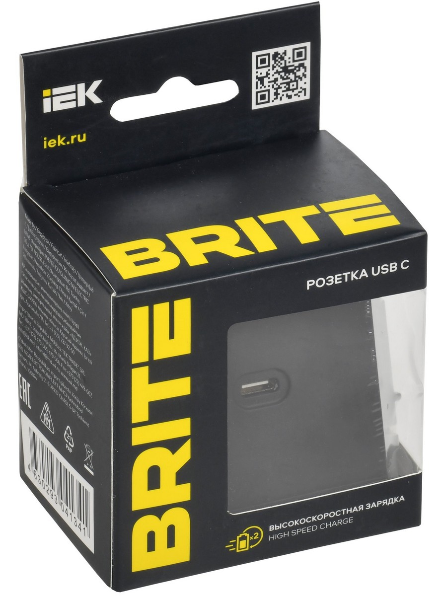 IEK Brite Черный Розетка USB IEK BRITE C 65Вт высокоскор. зар. РЮ12-1-БрЧ черный