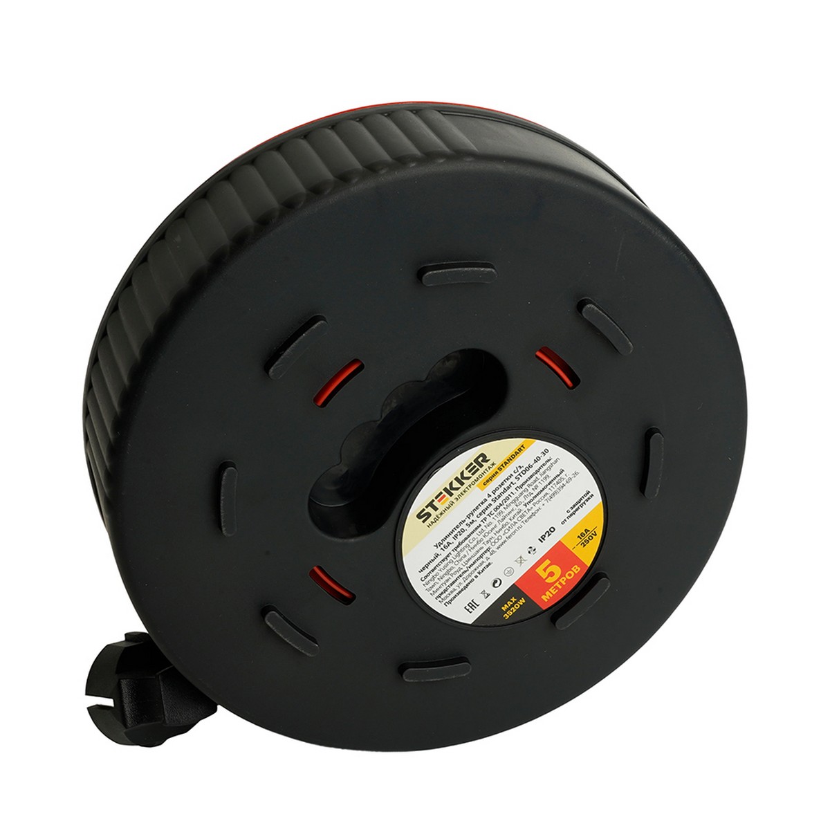 Колодки и удлинители, тройники Удлинитель-рулетка STEKKER STD06-40-30 Standart 4 розетки с/з ПВС 3*1 черный IP20 5м 50178 