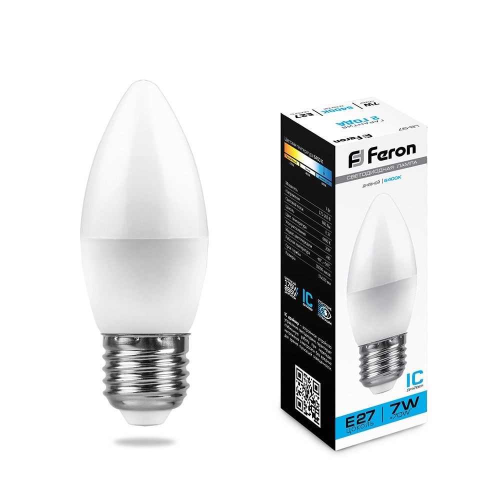E27 Лампа светодиодная Feron LB-97 Свеча E27 7W 6400K 25883 