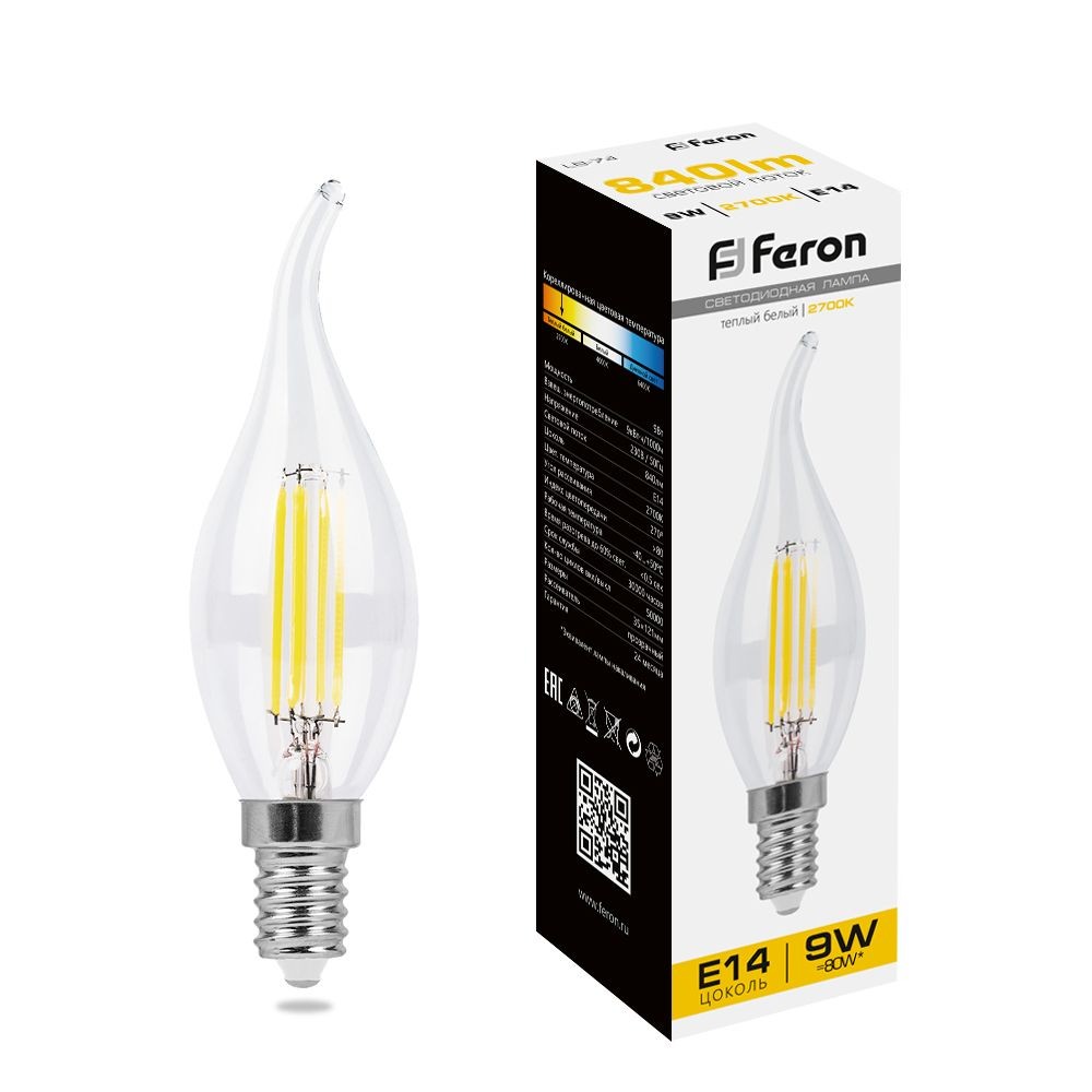 E14 Лампа светодиодная Feron LB-74 Свеча на ветру E14 9W 2700K 25960 