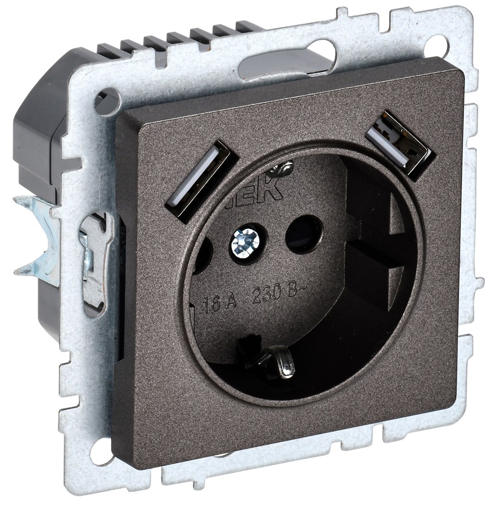 IEK Brite Бронза Розетка IEK BRITE с с/з и шторками 16А с USB A+A 2,1А РЮш10-1-БрТБ бронза BR-R14-16-U21-D21-K45