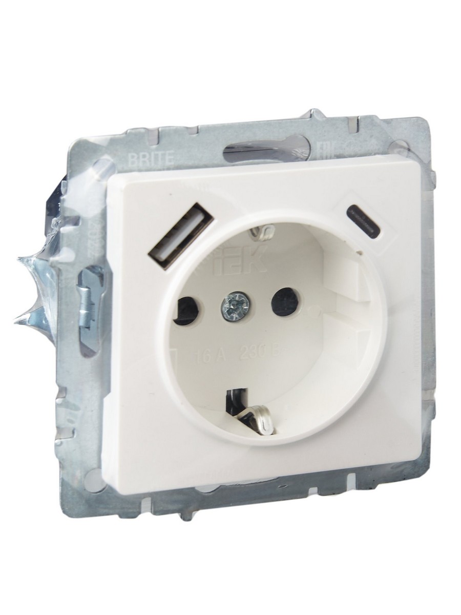 IEK Brite Жемчуг Розетка IEK BRITE с с/з и шторками 16А с USB A+C 18Вт РЮш11-1-БрЖ жемчужный BR-R14-16-U22-018-K36