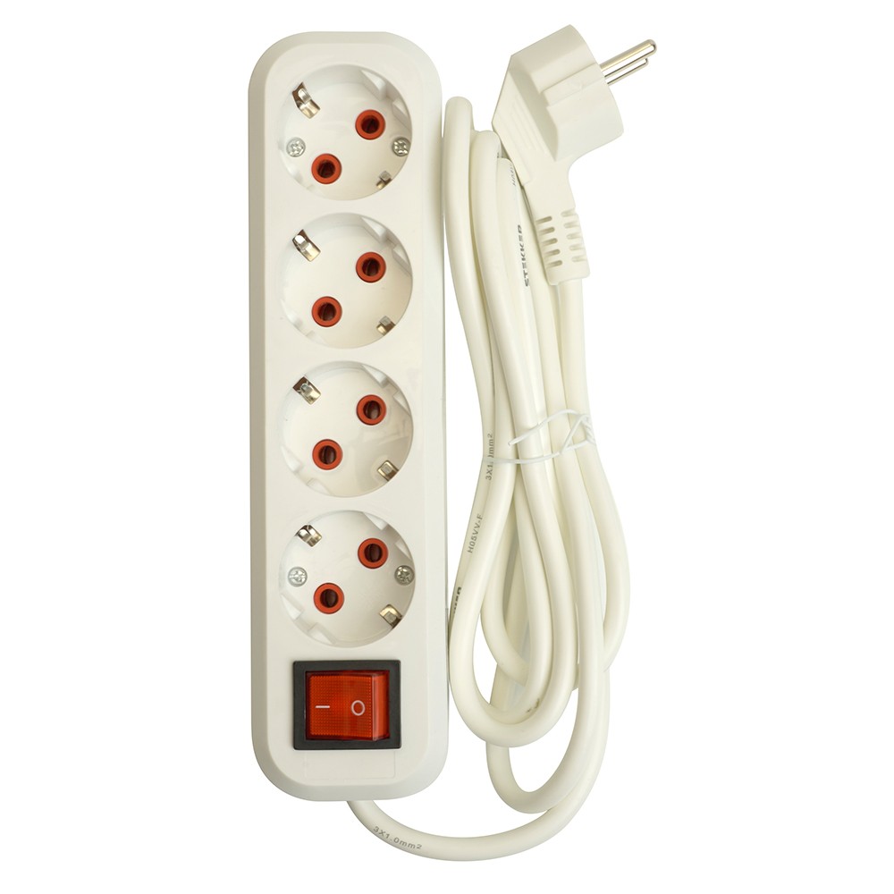 Колодки и удлинители, тройники Удлинитель STEKKER четырехместный с/з с выключ. HM07-41-07 7м Home (У16А-003) белый 49361 