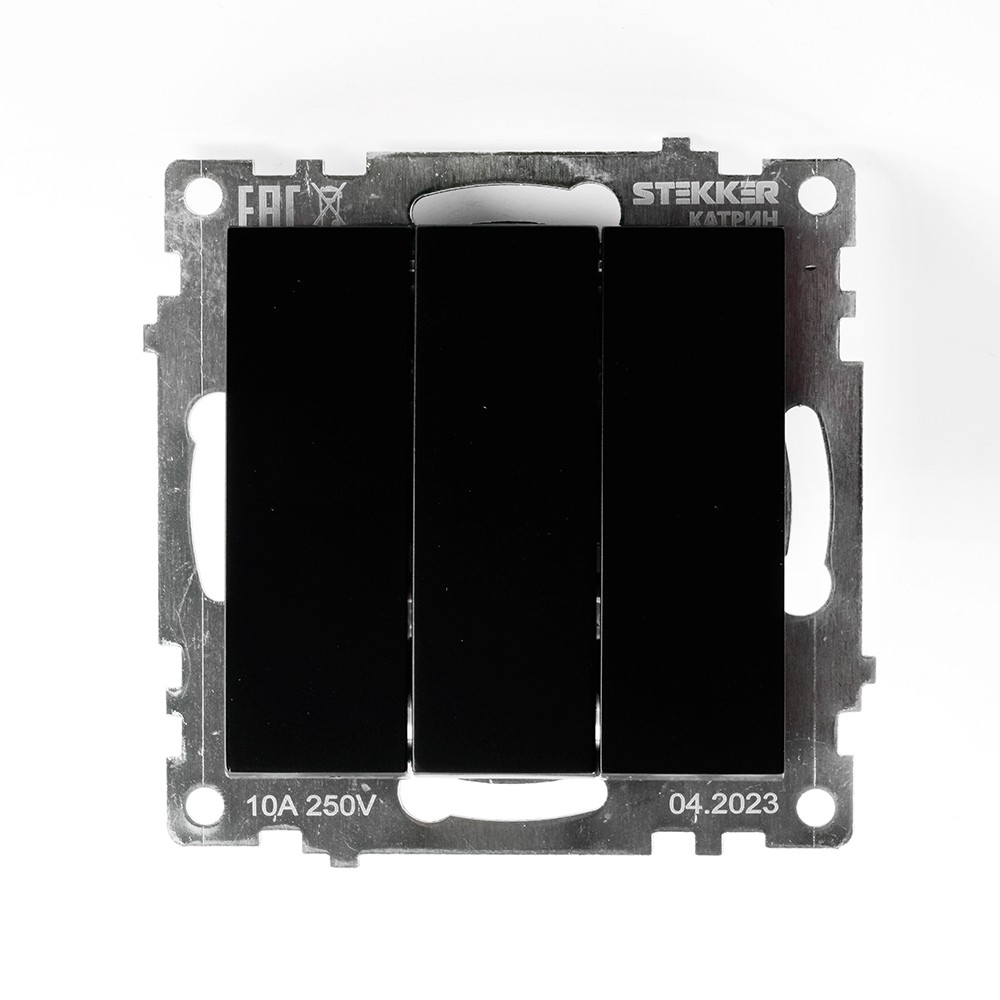 Катрин - Розетки и выключатели Stekker Выключатель 3-клавишный STEKKER GLS10-7108-05 250V 10А Катрин черный 49172