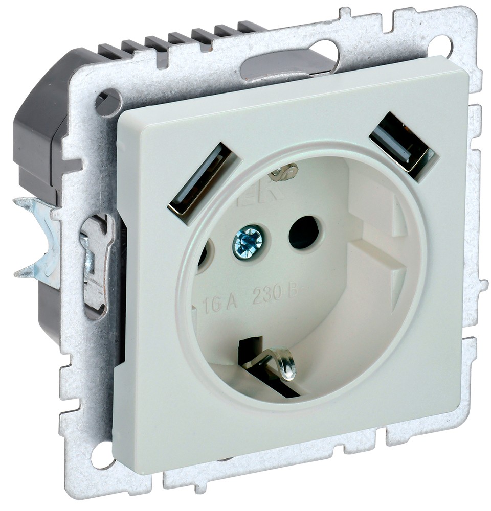 IEK Brite Жемчуг Розетка IEK BRITE с с/з и шторками 16А с USB A+A 2,1А РЮш10-1-БрЖ жемчужный BR-R14-16-U21-D21-K36