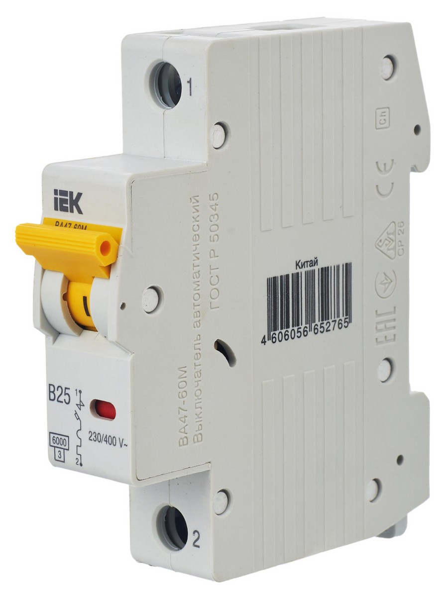 1 полюсные (однополюсные) Автоматический выключатель IEK KARAT ВА47-60M 1Р 25А 6кА B MVA31-1-025-B 