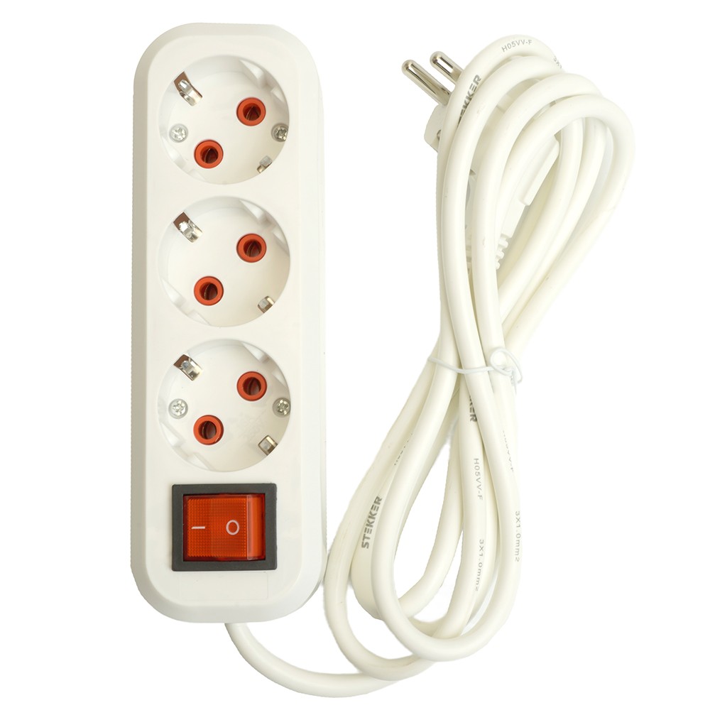 Колодки и удлинители, тройники Удлинитель STEKKER трехместный с/з с выключ. HM07-31-02 2м Home (У16А-002) белый 49353 