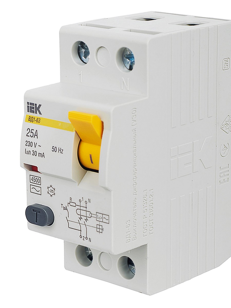 IEK Выключатель дифференциальный IEK KARAT ВД1-63 (УЗО) 2Р 25А 30мА MDV10-2-025-030 