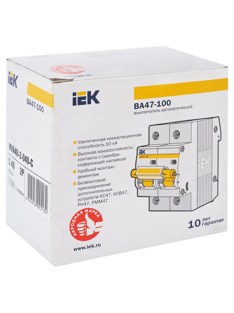 2 полюсные (двухполюсные) Автоматический выключатель IEK KARAT ВА 47-100 2Р 40А 10 кА х-ка С MVA40-2-040-C 