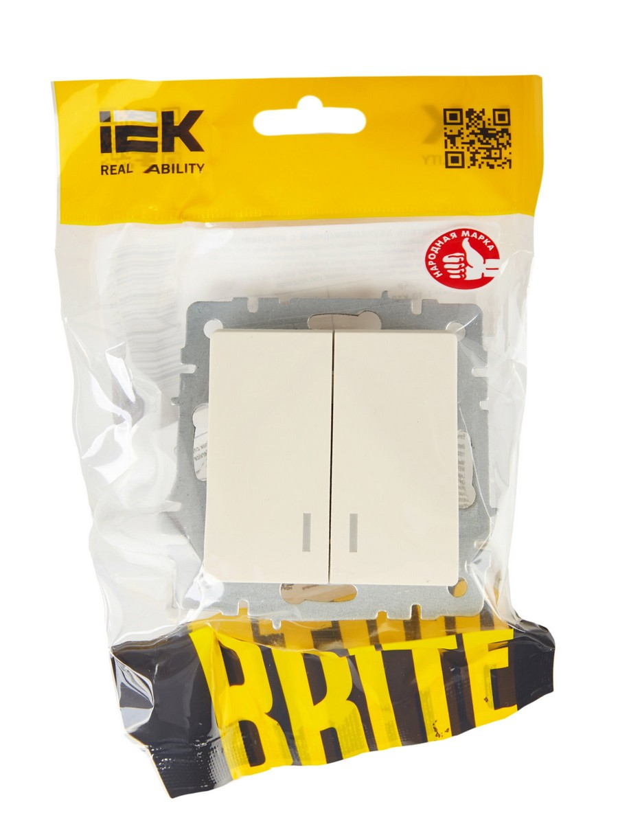 IEK Brite Бежевый Выключатель IEK BRITE 2-клавишный с индикацией 10А ВС10-2-1-БрКр бежевый BR-V20-1-10-K10