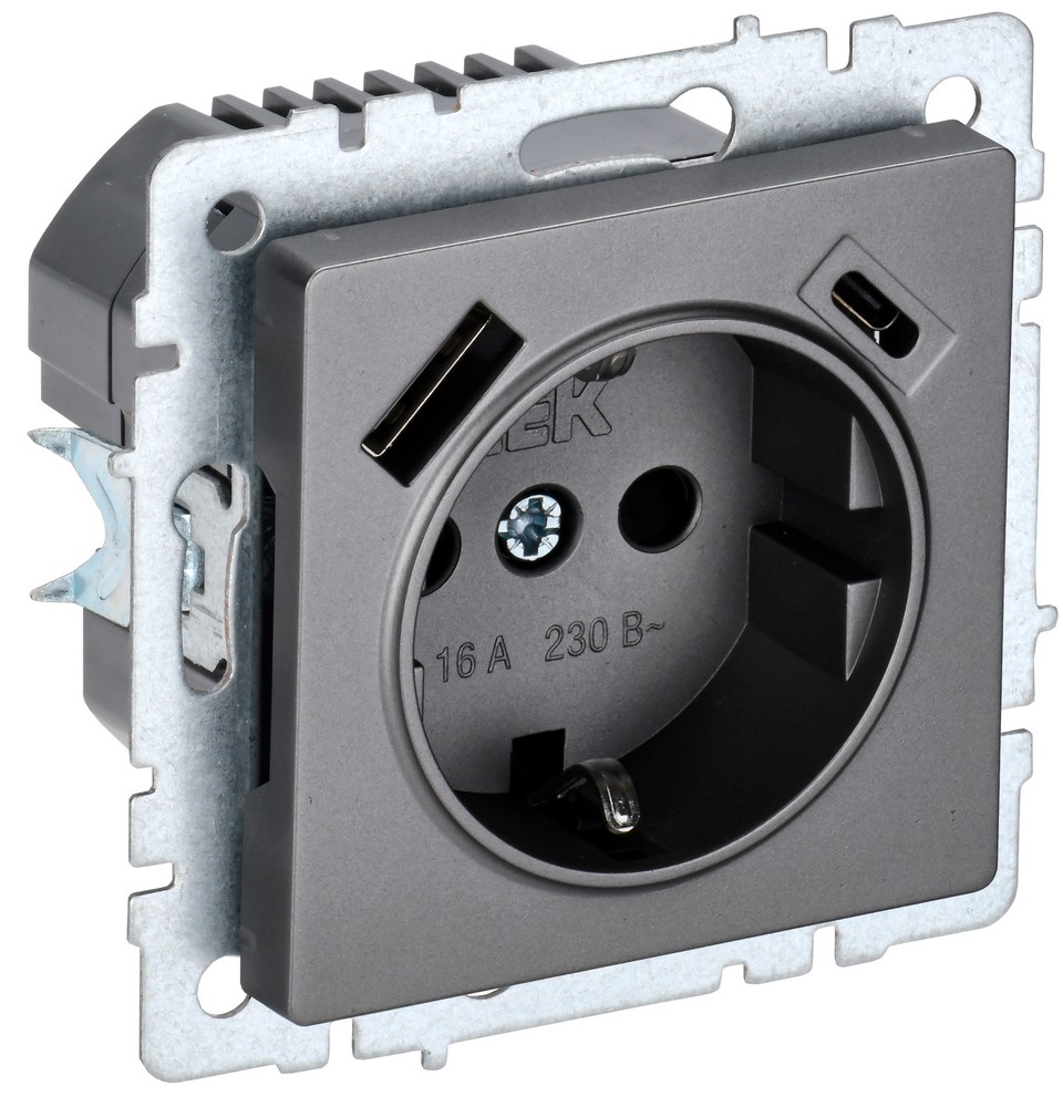 IEK Brite Сталь Розетка IEK BRITE с с/з и шторками 16А с USB A+C 18Вт РЮш11-1-БрС сталь BR-R14-16-U22-018-K46