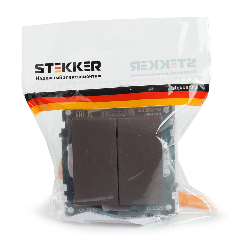 Катрин - Розетки и выключатели Stekker Выключатель 2-клавишный STEKKER GLS10-7104-04 250V 10А Катрин шоколад 49019