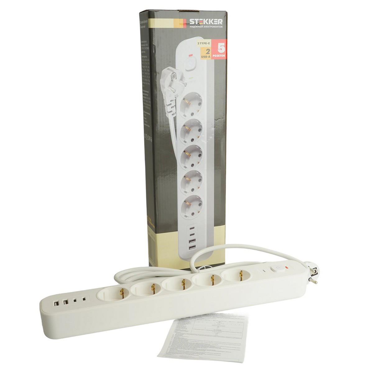 Колодки и удлинители, тройники Сетевой фильтр 5-местный с/з STEKKER 3x1мм2 5 м 250В 16А 2 USB-A+2 Type-C 3 серия Nova белый 50104 