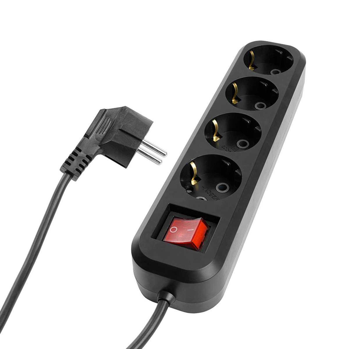 Колодки и удлинители, тройники Удлинитель четырехместный с/з с выключателем STEKKER HM03-41-02 3x0,75, 2м, Home (У10А-003), черный 50424