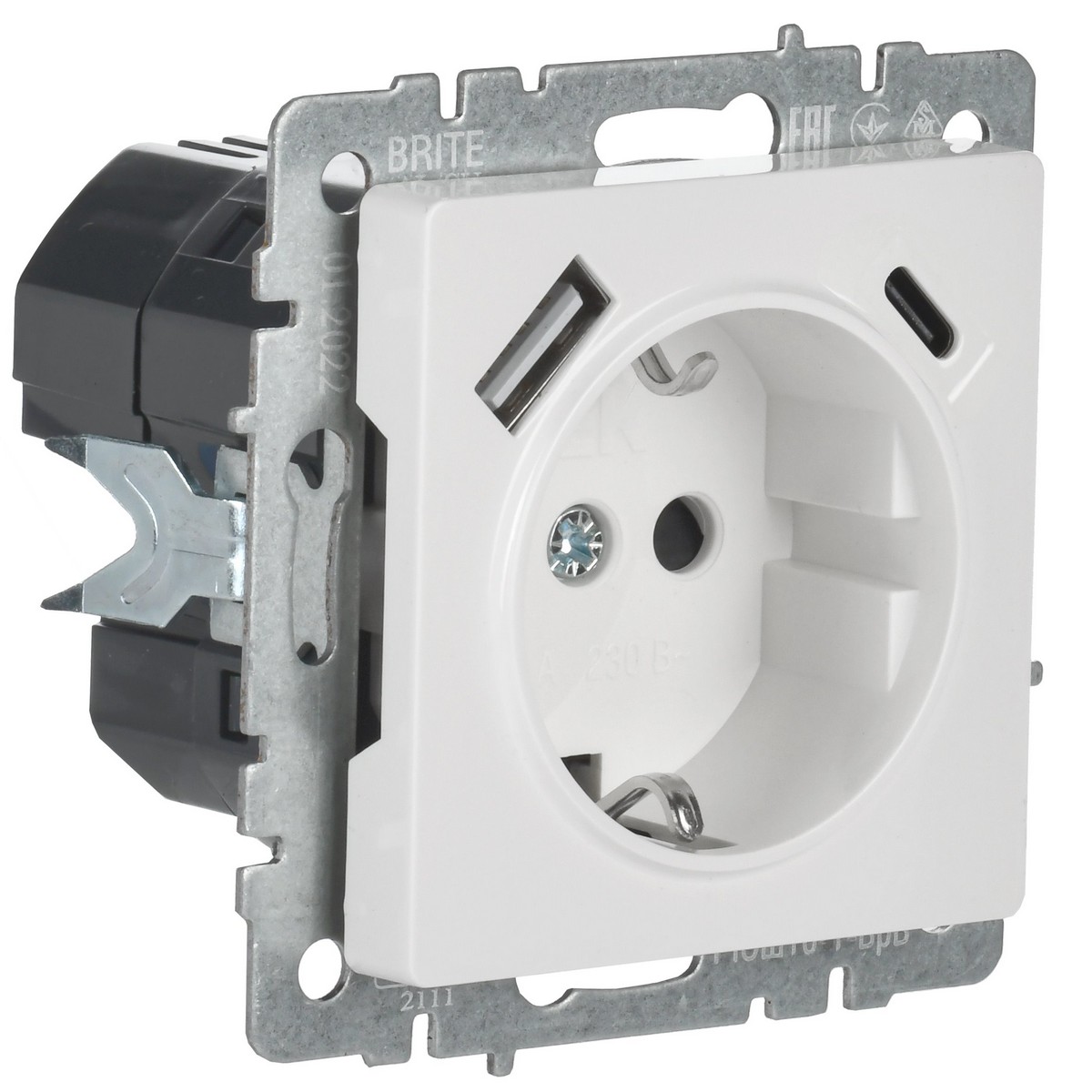 Розетка IEK BRITE с с/з и шторками 16А с USB A+C 18Вт РЮш11-1-БрБ белый BR-R14-16-U22-018-K01