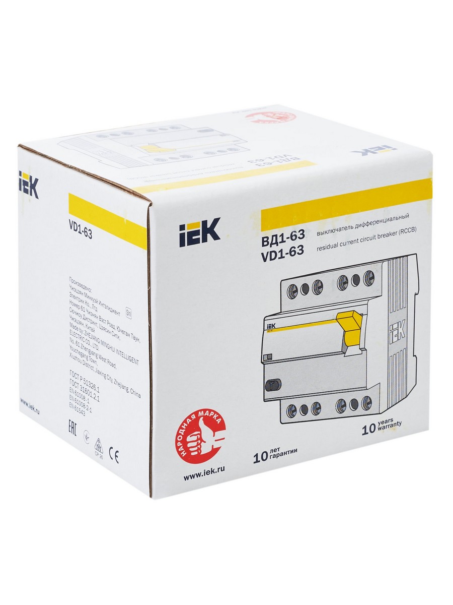 IEK Выключатель дифференциальный IEK KARAT ВД1-63 (УЗО) 4Р 63А 100мА MDV10-4-063-100 