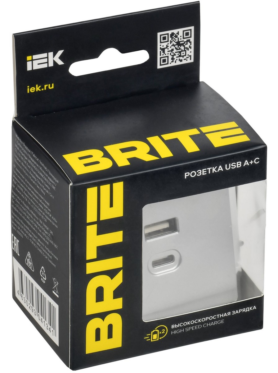 IEK Brite Алюминий Розетка USB IEK BRITE A+C 45Вт высокоск. зар. РЮ11-2-БрА алюминий
