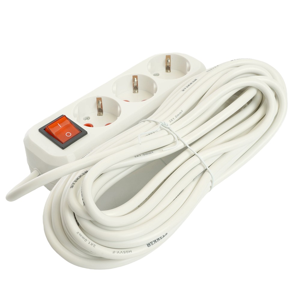 Колодки и удлинители, тройники Удлинитель STEKKER трехместный с/з с выключ. HM07-31-07 7м Home (У16А-002) белый 49356 