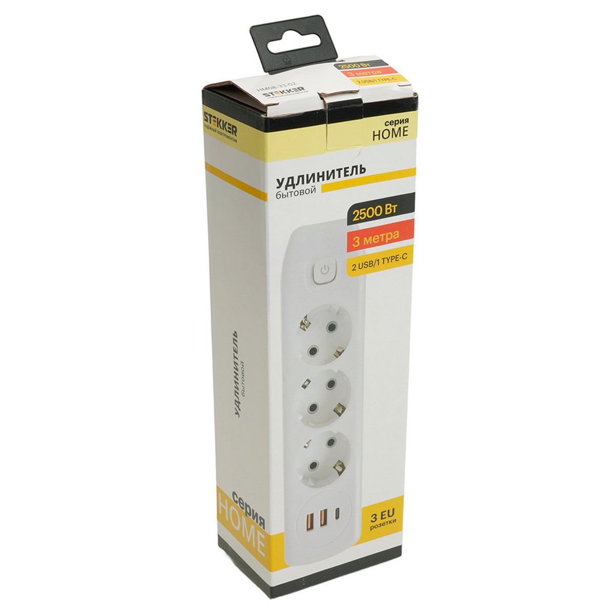 Колодки и удлинители, тройники Удлинитель STEKKER HM08-33-02 3-местный c/з 3x1 мм2 3 м 2USB+1Type-C 2,4А Home белый 49977 