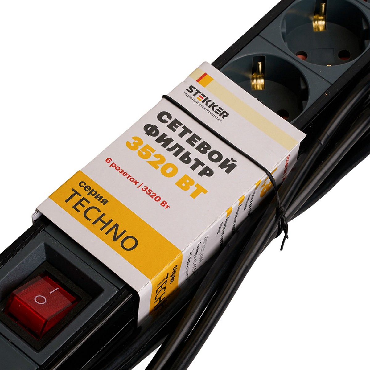 Колодки и удлинители, тройники Сетевой фильтр 6-местный с/з STEKKER HM22-61-05 5 м Techno черный 50161 