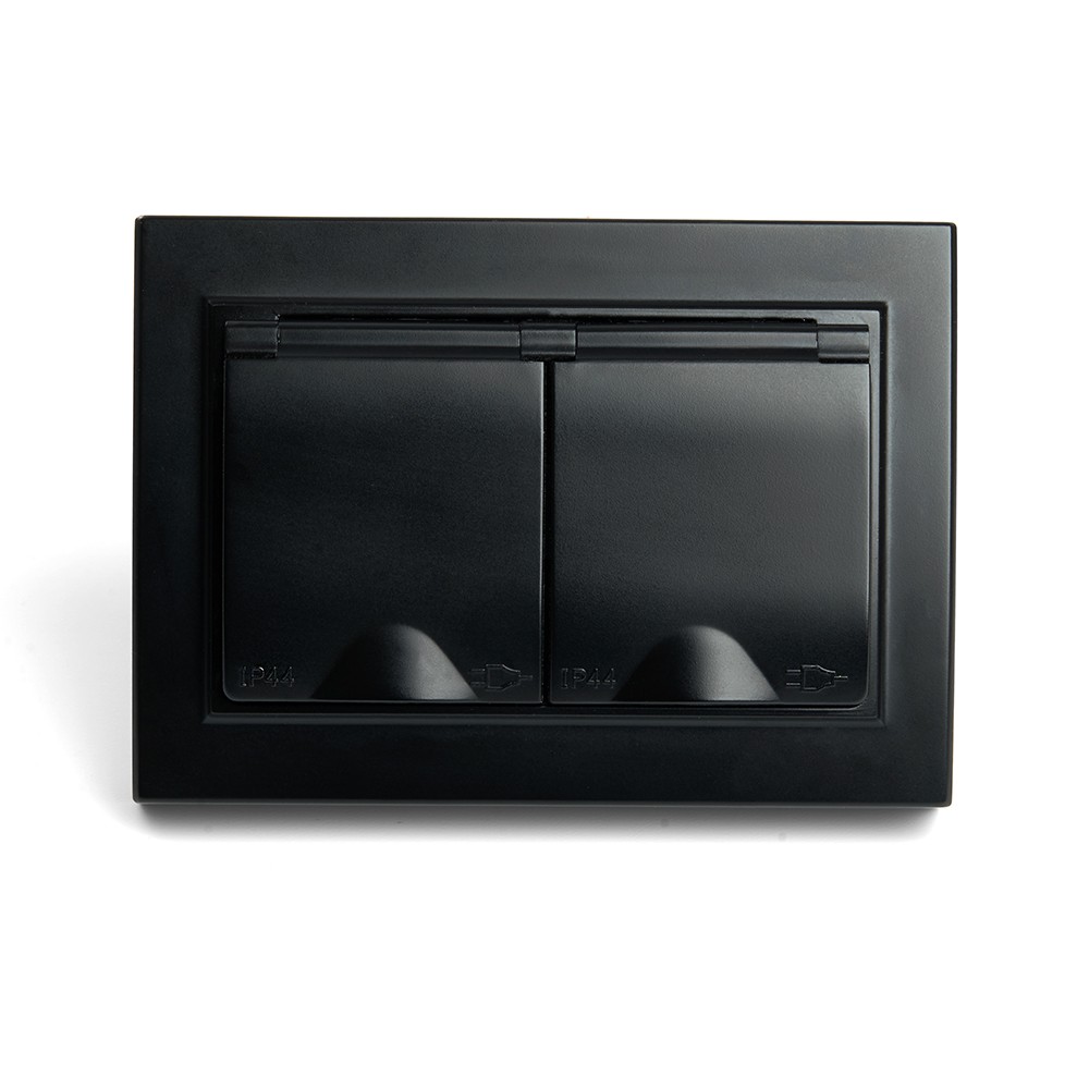 Эрна - Розетки и выключатели Stekker Розетка 2-местная с/з с крышкой STEKKER PST16-9015-03 16А Эрна черный с рамкой 49138