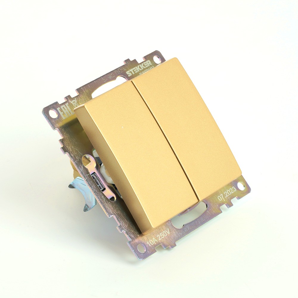 Катрин - Розетки и выключатели Stekker Выключатель 2-клавишный STEKKER GLS10-7104-08 250V 10А Катрин золото 49216