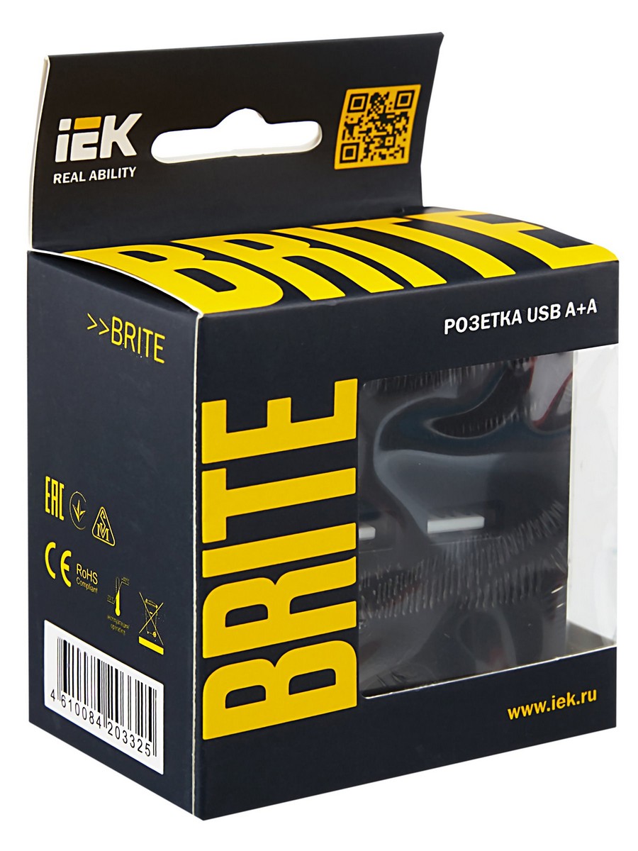 IEK Brite Черный Розетка IEK BRITE USB A+A 3,1А РЮ10-1-БрЧ черный BR-U21-D31-K02