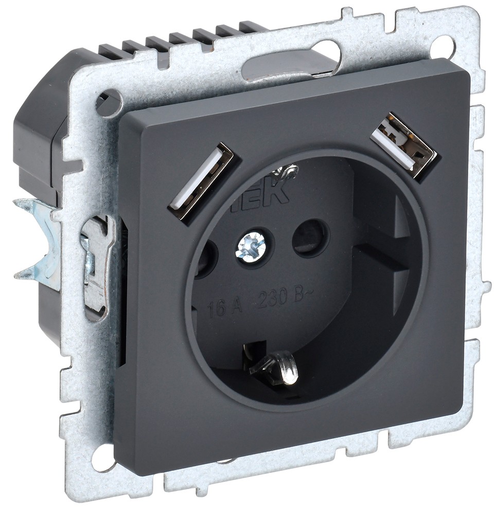 IEK Brite Графит Розетка IEK BRITE с с/з и шторками 16А с USB A+A 2,1А РЮш10-1-БрГ графит BR-R14-16-U21-D21-K53