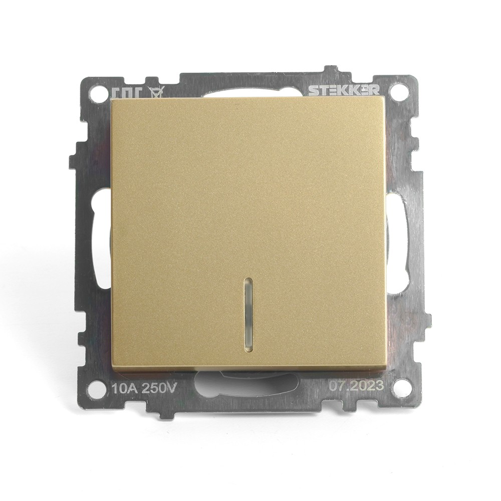 Катрин - Розетки и выключатели Stekker Выключатель 1-клавишный c индикатором STEKKER GLS10-7101-08 10А Катрин золото 49215