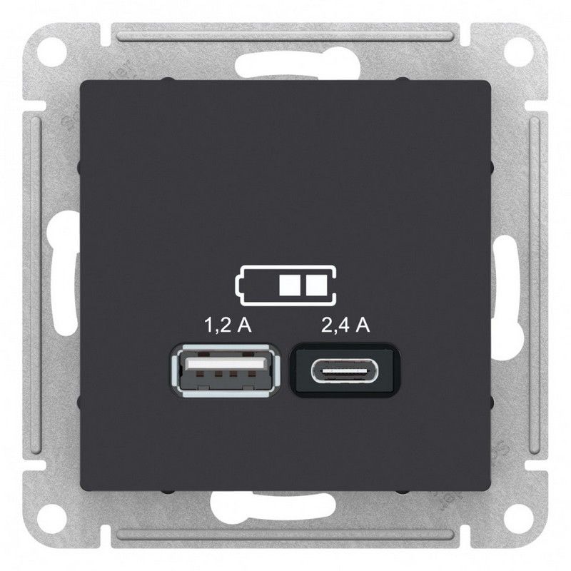 AtlasDesign Карбон Розетка USB Systeme Electric AtlasDesign Карбон A+С 5В/24А 2х5В/12 А механизм ATN001039