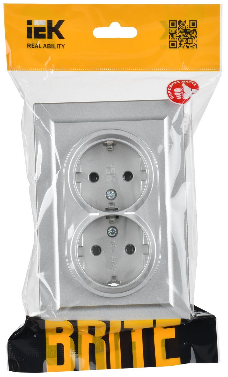 IEK Brite Алюминий Розетка IEK BRITE 2-местная с заземлением без защитных шторок 16А в сборе РС12-3-БрА алюминий BR-R21