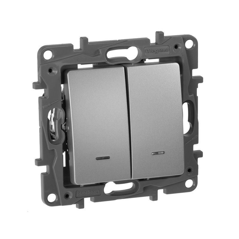 Legrand Etika Алюминий Переключатель Legrand Etika алюминий 2-клавишный с подсветкой, 10А, авт. клем 672416